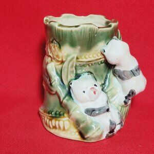 Vintage Two Pandas Climbing Bamboo Planter Vase Pen Holder
